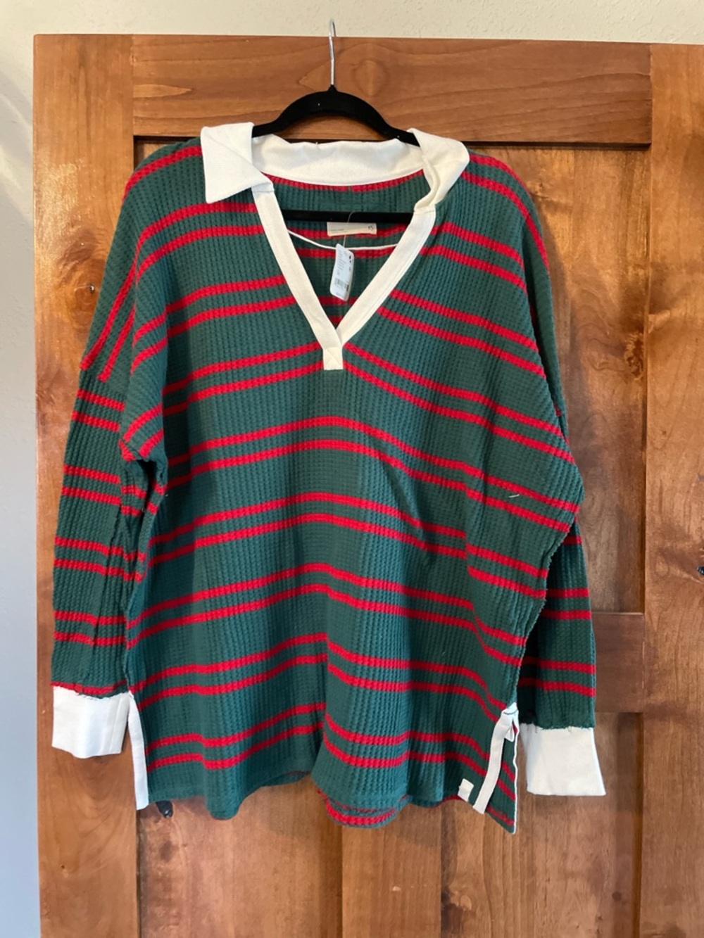 We The Free Green and Red Striped V-Neck Sweater